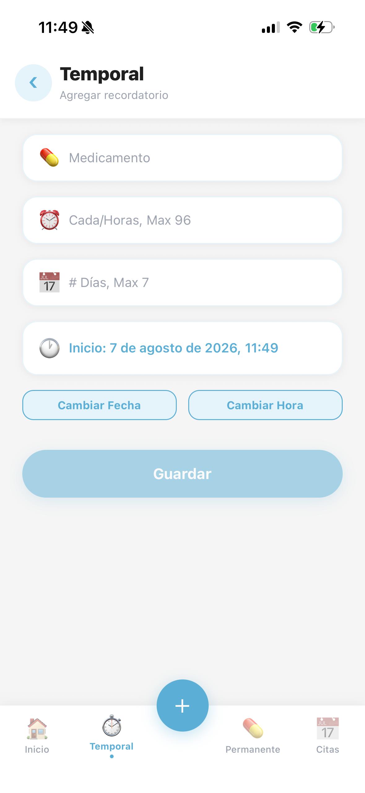 Formulario para agregar un recordatorio temporal en Pasticlock