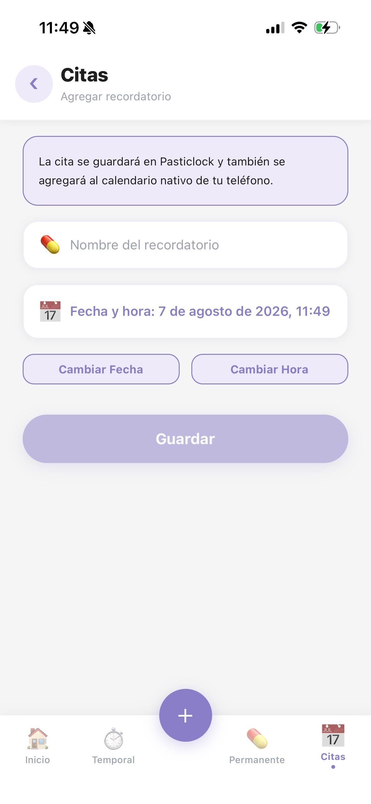 Formulario para agregar una cita en Pasticlock