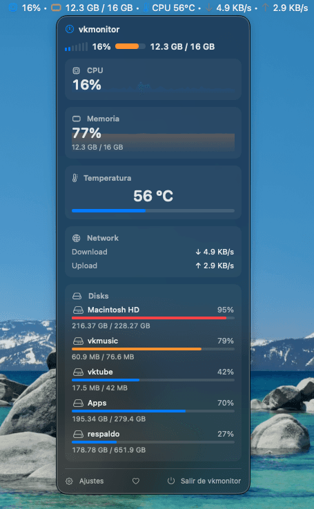 VKMonitor mostrando CPU, memoria y temperatura en tarjetas de barra compacta