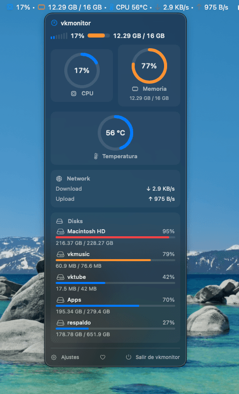 VKMonitor mostrando CPU, memoria y temperatura en tarjetas con anillo de progreso