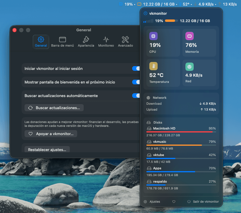 Ventana de preferencias de VKMonitor con pestañas General, Barra de menú, Apariencia, Monitoreo y Avanzado